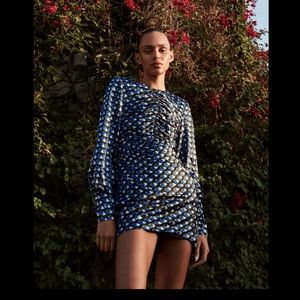 ZARA WOMEN GEOMETRIC PRINT MINI DRESS MEDIUM BLUE PLEATED OPEN BACK NWT